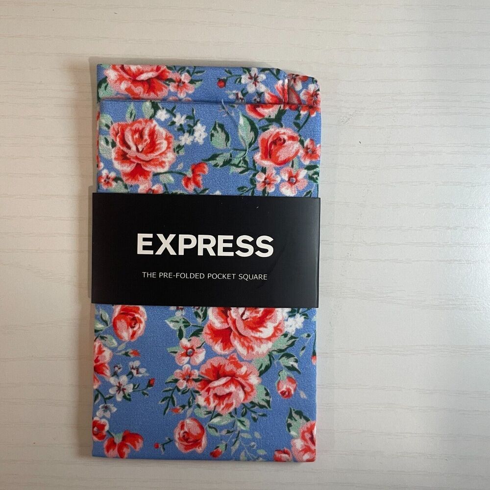 EXPRESS Pre Folded Pocket Square Mens BLUE Floral 100% Cotton Dress Handkerchief